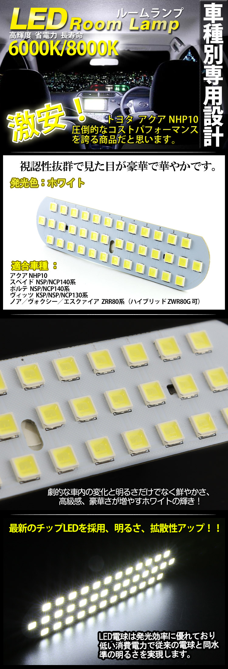 ノア ヴォクシー エスクァイアzrr80系 ハイブリッドzw R80g可 高輝度ledルームランプsmd 6000k 室内灯取扱説明書 工具付き日本代购 买对网